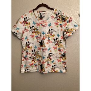 Disney Mickey & Pluto "My Best Friend" Butterfly V-neck Nurse Scrub Top M